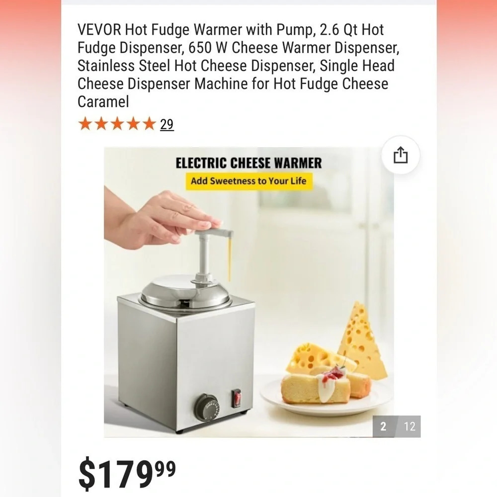 NIB VEVOR Stainless Food Warmer with Pump, 2.6 Dispenser, 650 W Foodservice